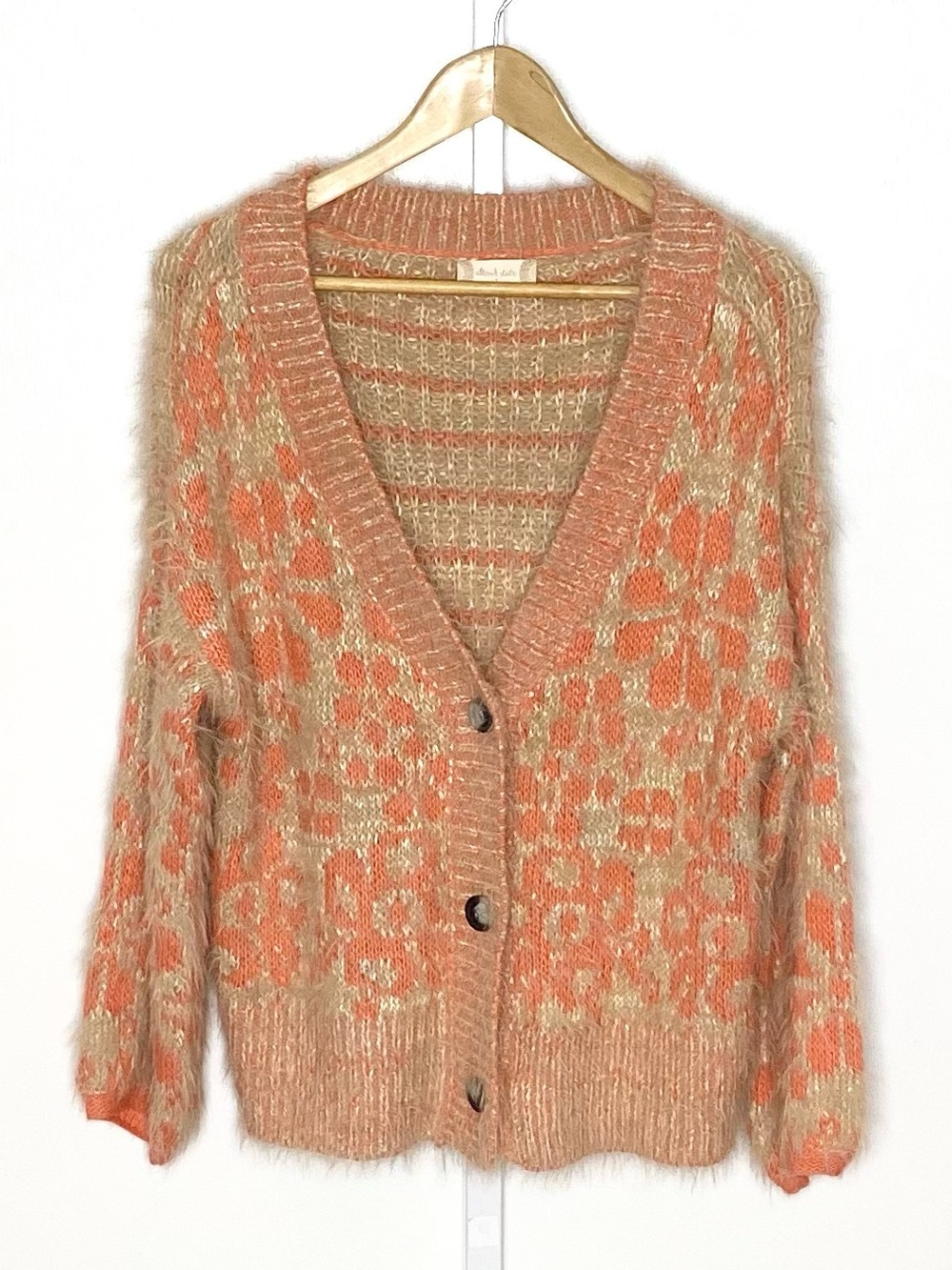 Altar’d State | Orange/Tan Floral/Stripe Fuzzy Knit Oversized Cardigan Sz Small